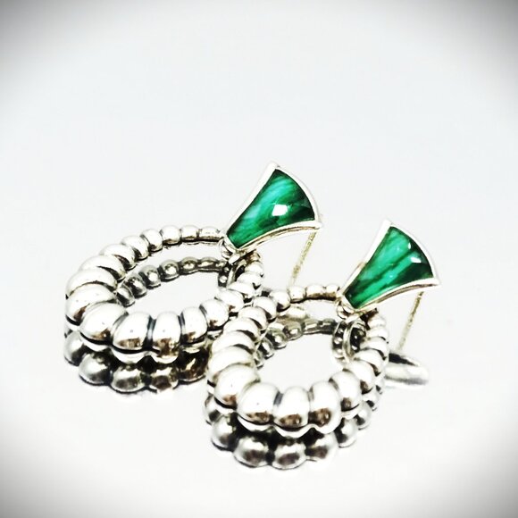 LAGOS Venus Link Oval Fluted Sterling Silver 18K Gold Post Malachite Earrings - Picture 3 of 10